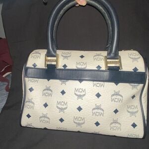 MCM Cream and Navy Satchel